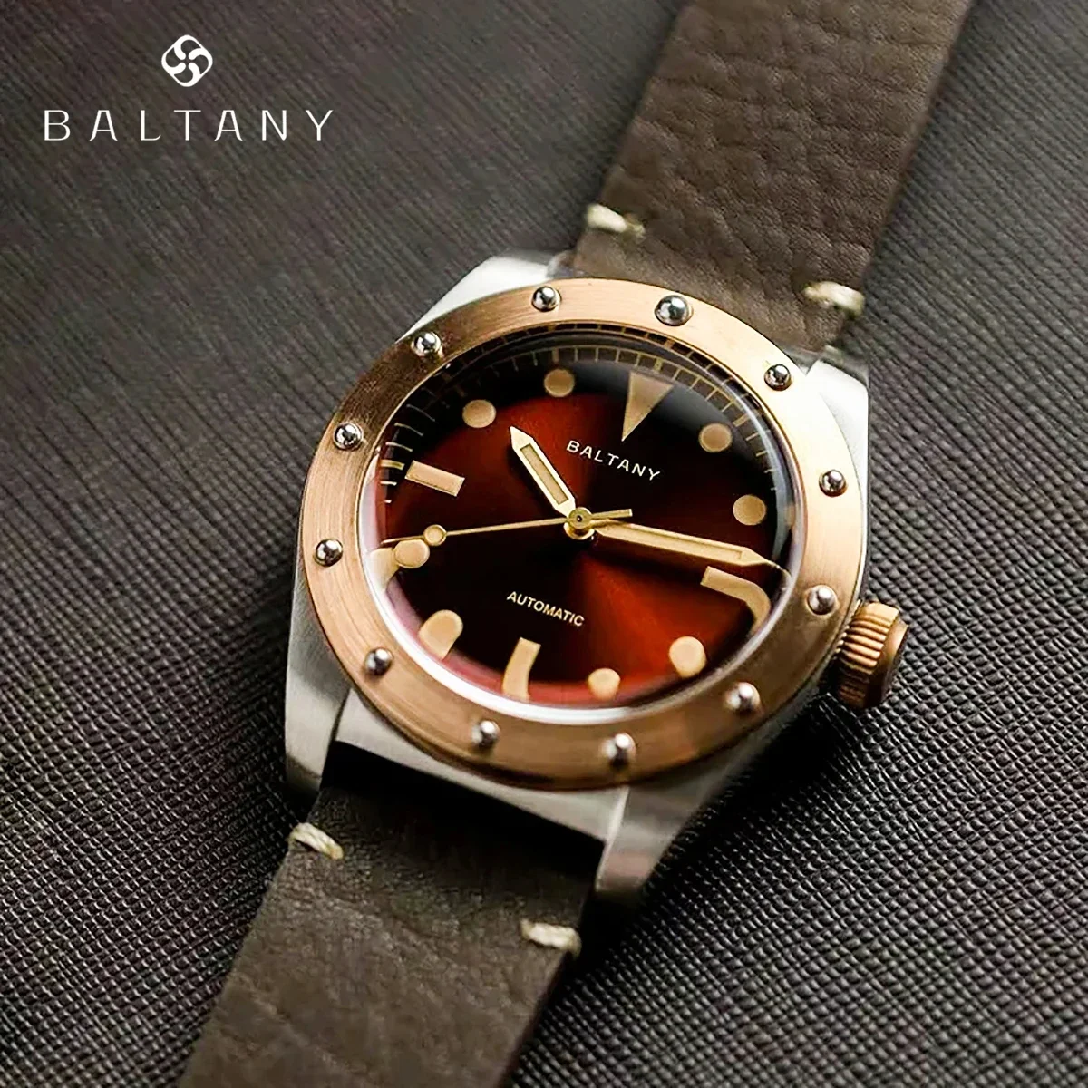 Baltany S204030 Classic Vintage Automatic Mechanical Bronze Men Watch NH38 Leather Waterproof 20Bar Sapphire Diver reloj hombre