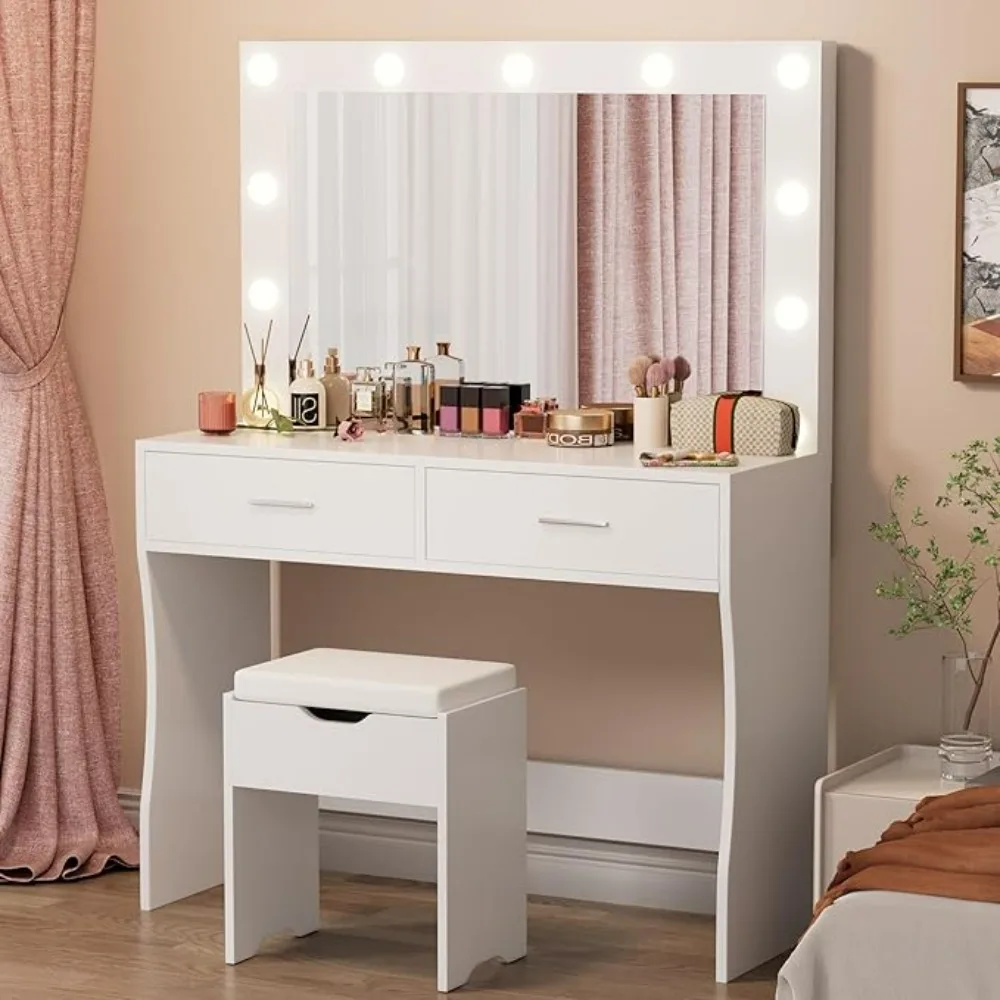 Vanity Desk Set with Large Lighted Mirror, 35.4 Inch Makeup Vanity Table with 2 Drawers, Cushioned Storage Stool, Bedroom Vanity