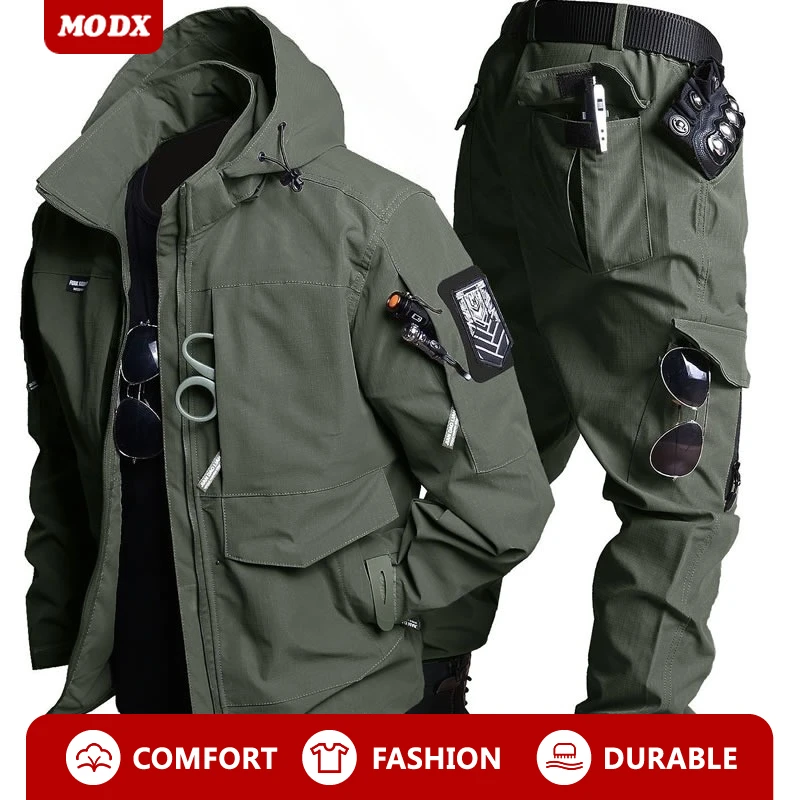 Taktische Mann Frühling Herbst Arbeit Camo Sets Schnell trocknend Elastische Tragen EINEN Hut Mehrere Taschen Anzüge Outdoor Camping Wandern 2-tlg