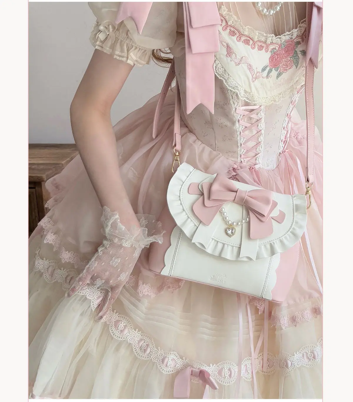 Japanese Original Cla Series Sweet and Elegant Handbag Women's Bow Ruffled Pearl String Lolita Flip Shoulder Messenger Bag Lady