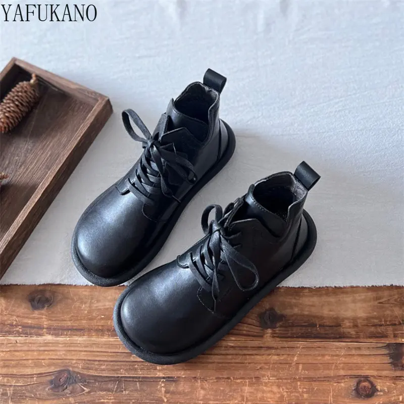 Genuine Leather Women Boots Mori Girl Literary Retro Lace-up Ankle Boots Original Handmade Soft Sole Comfort Flat Short Boots