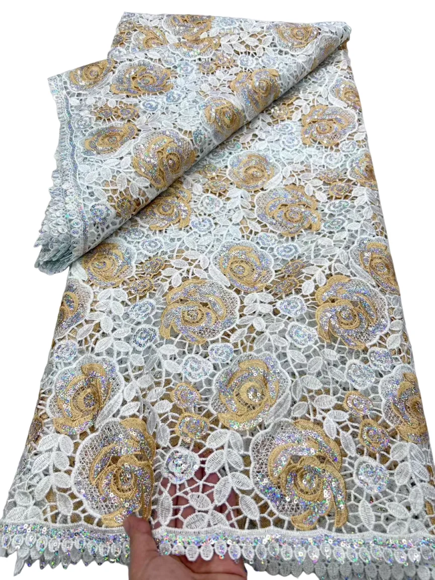

Новая африканская двухцветная кружевная ткань 2025 Высокое качество 5 ярдов гипюровый шнур кружевная ткань с блестками для женщин элегантные свадебные платья