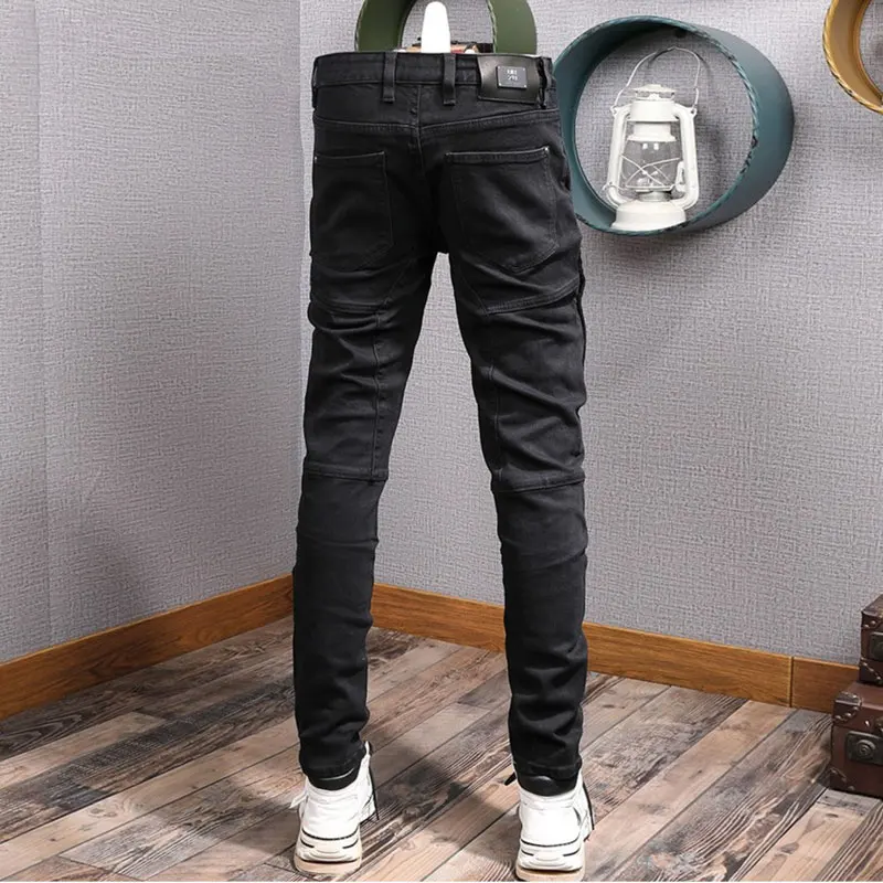 Men blackhombreWashed Biker Jeans Spliced Panel Knee Design Stretch Slim Fit Hip Hop High Street Denim Jeans
