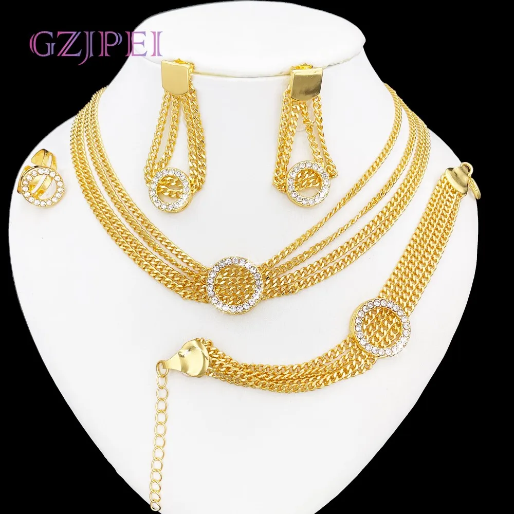 

GZJPEI Hip Hop Women Jewelry Set Miami Cuban Chain Necklace Multi Layer Bracelet Zircon Earring Round Ring 2025 Trendy New