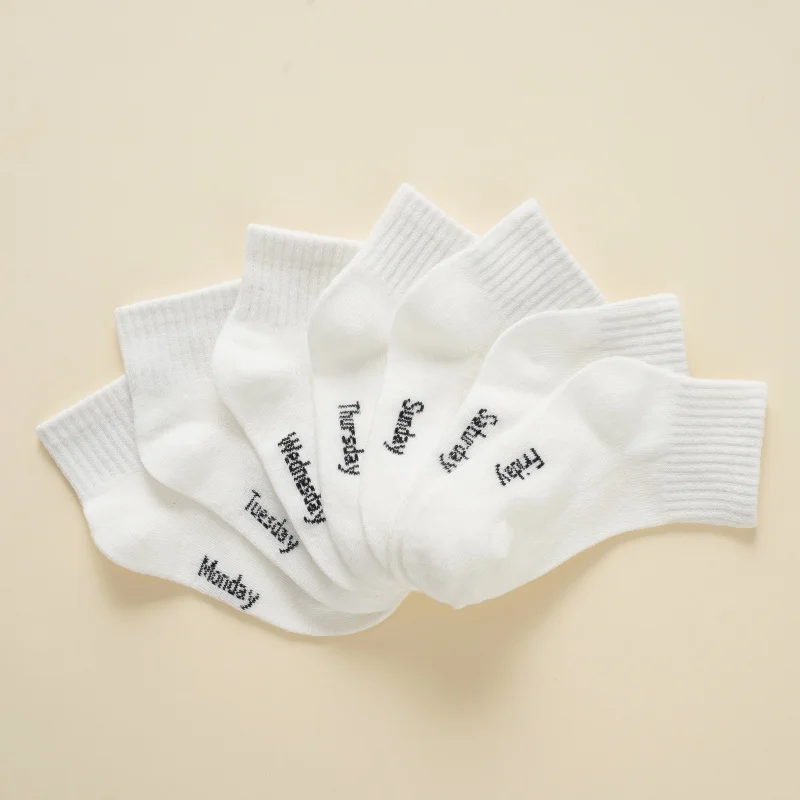 7 pairs of spring and summer thin short socks for boys and girls, simple, soft, comfortable, pure white mid calf socks view 4
