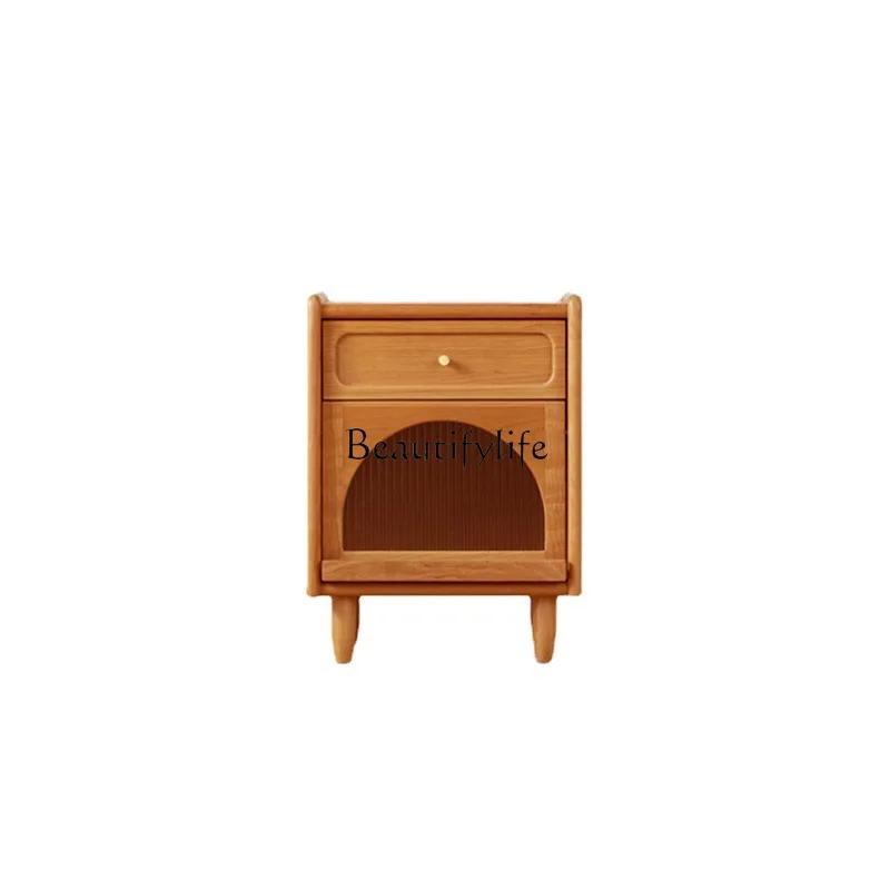 

Nordic cherry wood solid wood bedside table double draw modern simple small side cabinet