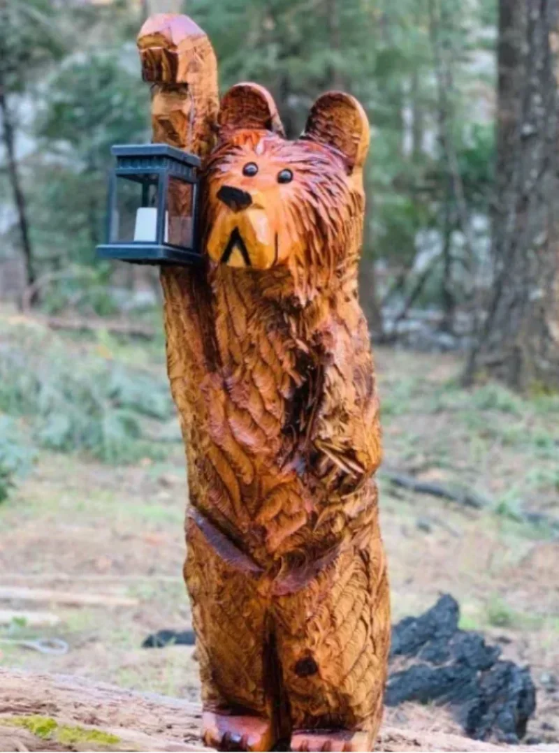 Cedar carved Bear with solar lantern Imitation Wood Sculpture Resin Patio Bear Decoration with Led Lighting lights