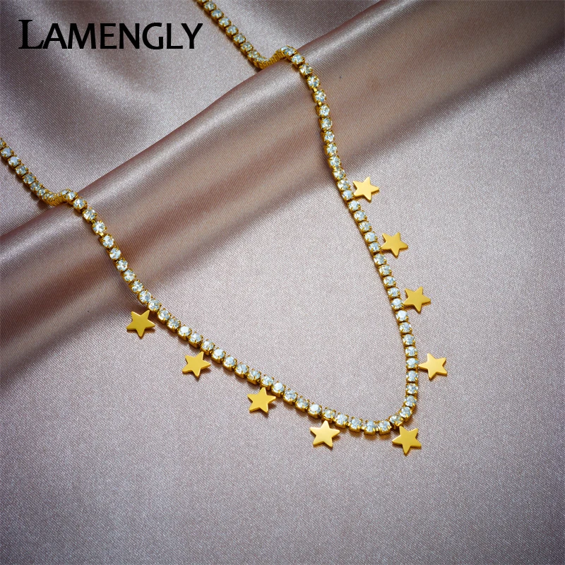 LAMENGLY 316L Stainless Steel Star Pentagram Charm Necklace For Women Girl Fashion Zircon Chain Anti-rust Jewelry Gift Party