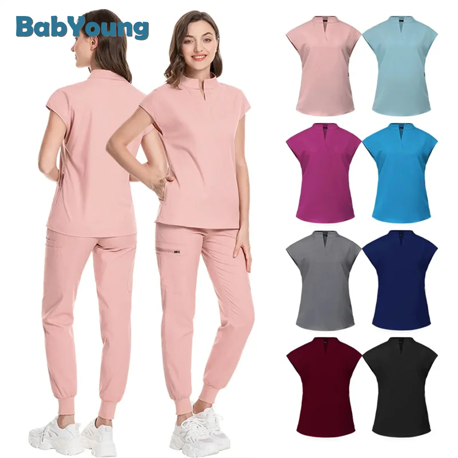 

Scrubs For Women Pet Hospital Uniform Set Scrub Suits Solid Color Unisex Surgical Gown Pocket V-Neck Joggers Wholesale Price