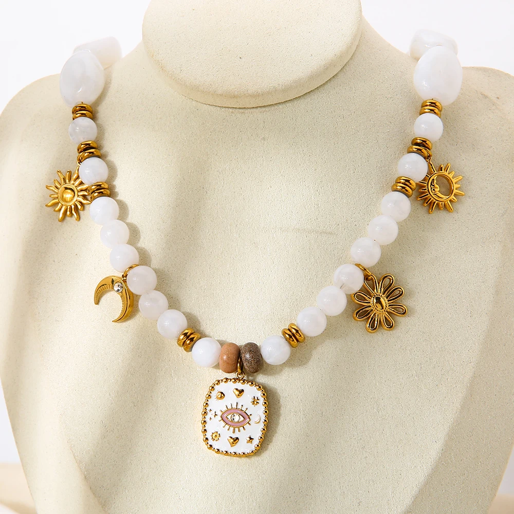 

Bohemia Style 18K Gold Plated Stainless Steel Eye Sun Moon Pendant Necklace White Acrylic Beaded Chain Choker for Women