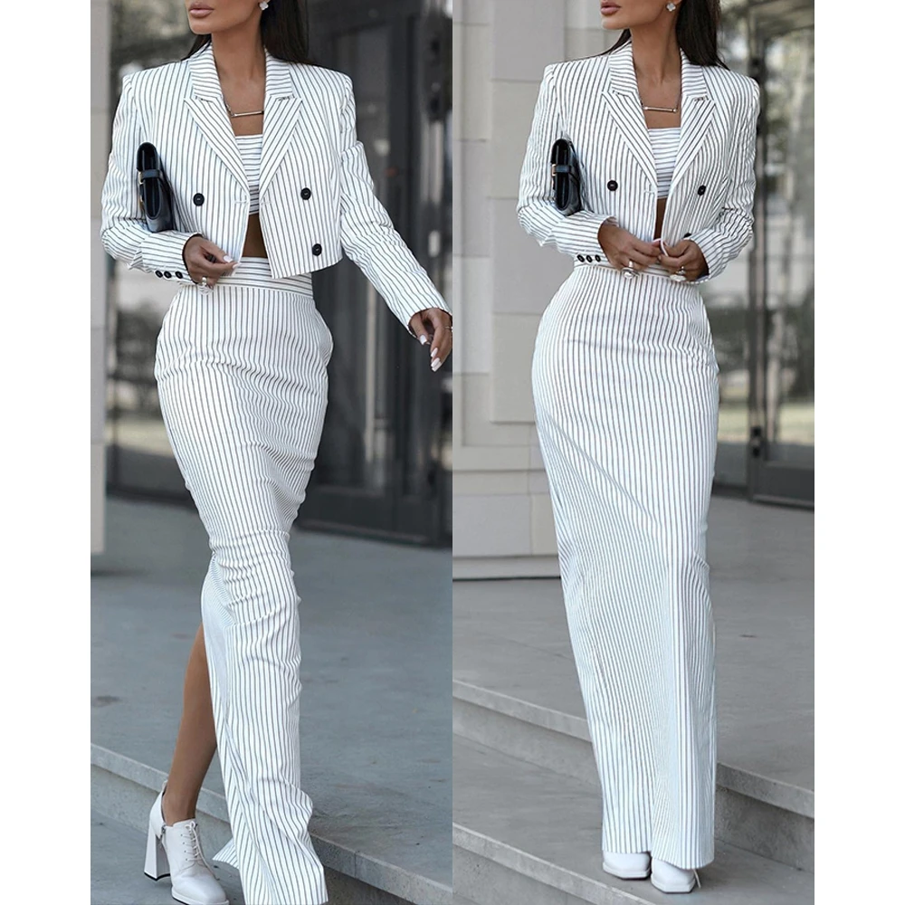 

Women Nothched Collar Double Breasted Blazer Coat & High Waist Maxi Skirt Sets Female Autumn Striped Two Pieces Suit Dress Set