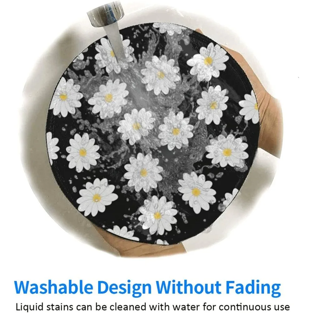 Alfombrilla de ratón redonda para juegos con estampado de margaritas blancas de 8 pulgadas con base de goma antideslizante y borde cosido