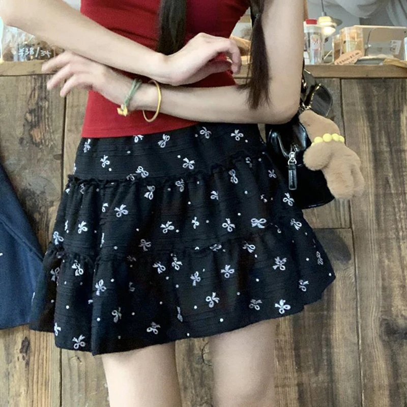 Sweet Bow Print Skirt Women Korean Casual High Waist Lace Mini Skirts Summer Fashion Female Design Elegant A Line Cake Skirt New