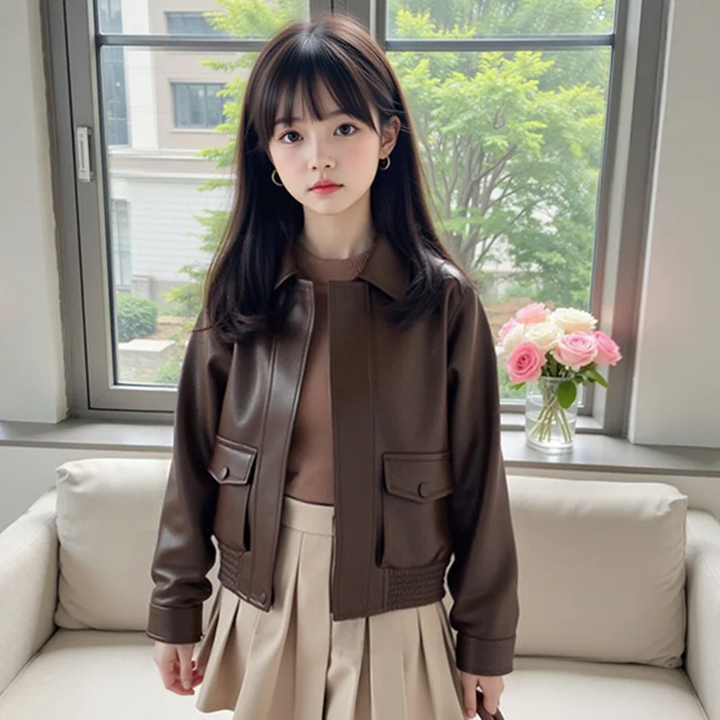 

2-12Y Teen Kids Spring Autumn Girls Leather Jacket Solid Color Lapel Handsome Motorcycle Zipper Coat For Girls Fashion Outwear