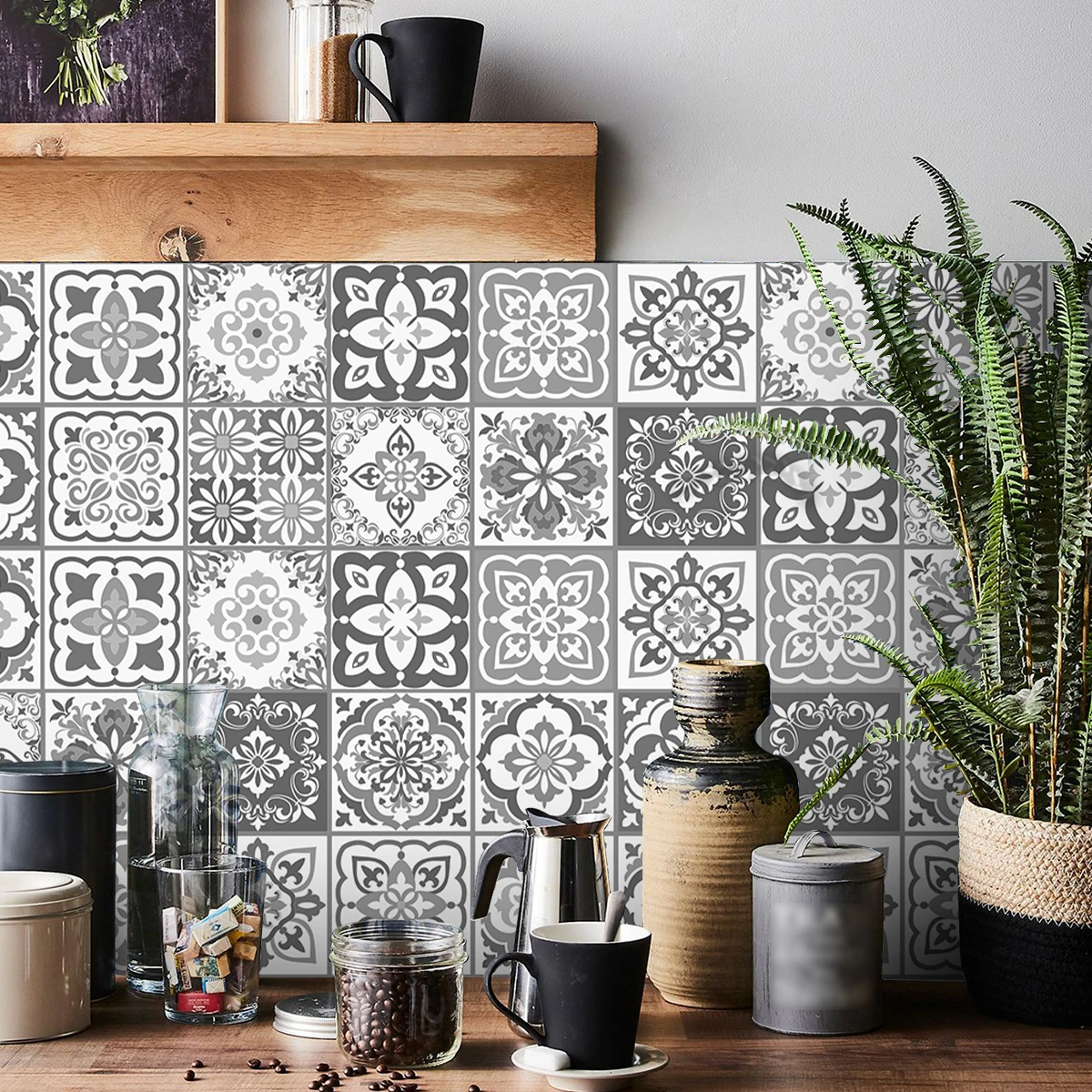 1 rollo de pegatinas de cocina autoadhesivas con patrones decorativos de Portugal y España, Marruecos, en gris y blanco, resistentes a la humedad y al aceite.