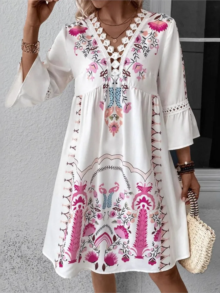 

Summer Floral Print Dress Lady Fashion Ruffles Three Quarter V Neck Lace Loose Dresses For Women Boho Holiday Vintage Skirts New