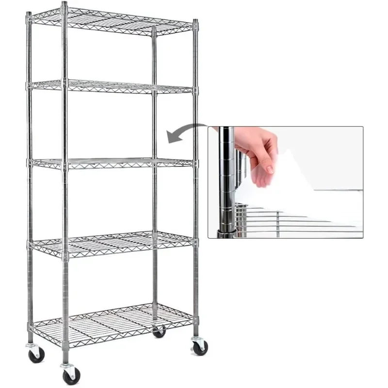 

EFINE Chrome 5-Shelf Shelving Unit on 3'' Wheels with Shelf Liners Set of 5, NSF Certified