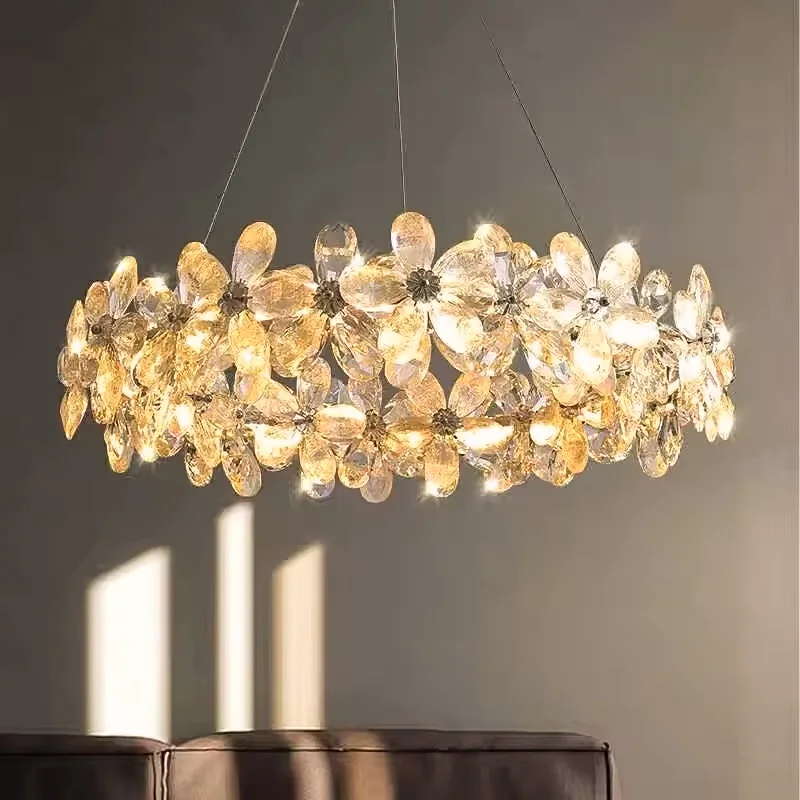 Luxury French Crystal LED Chandelier Floral Design Pendant Lights for Living Dining Room Bedroom Home Decor Lighting Fixture