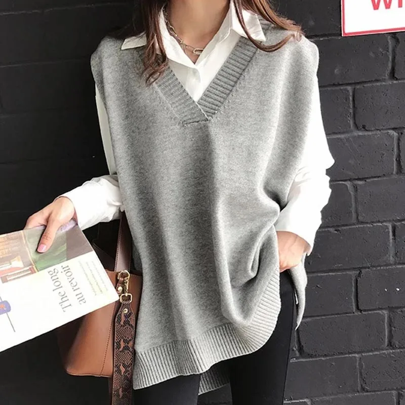 2024 Autumn Winter Knitted Casual Sleeveless V Neck Women Sweater Vest Solid Oversized Warm Pullover Loose Women Clothes 12239