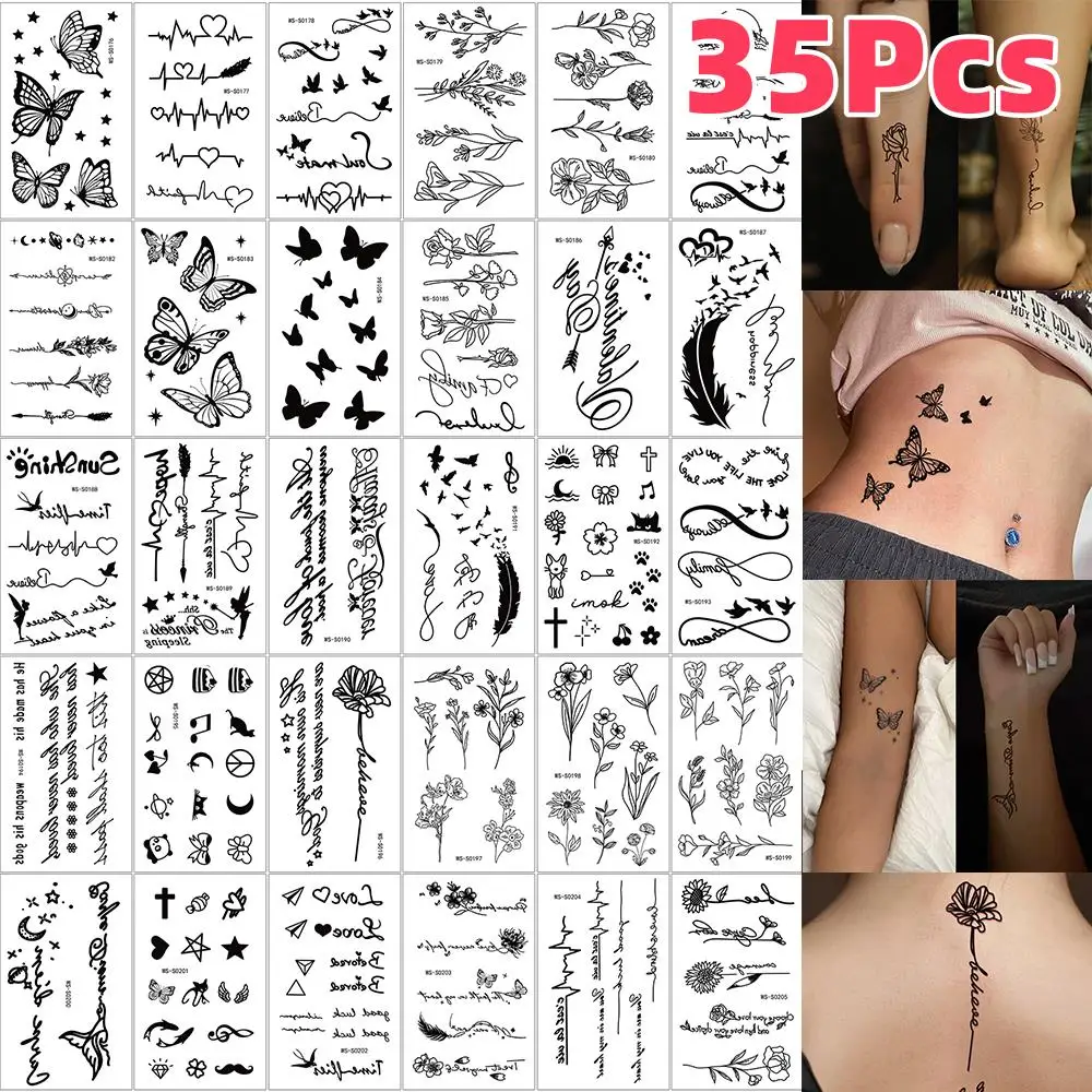 30/35 pièces autocollants de tatouage papillon/fleur noir lettre, ligne géométrique, tatouage temporaire Floral pour femmes hommes corps bras pied décalcomanies