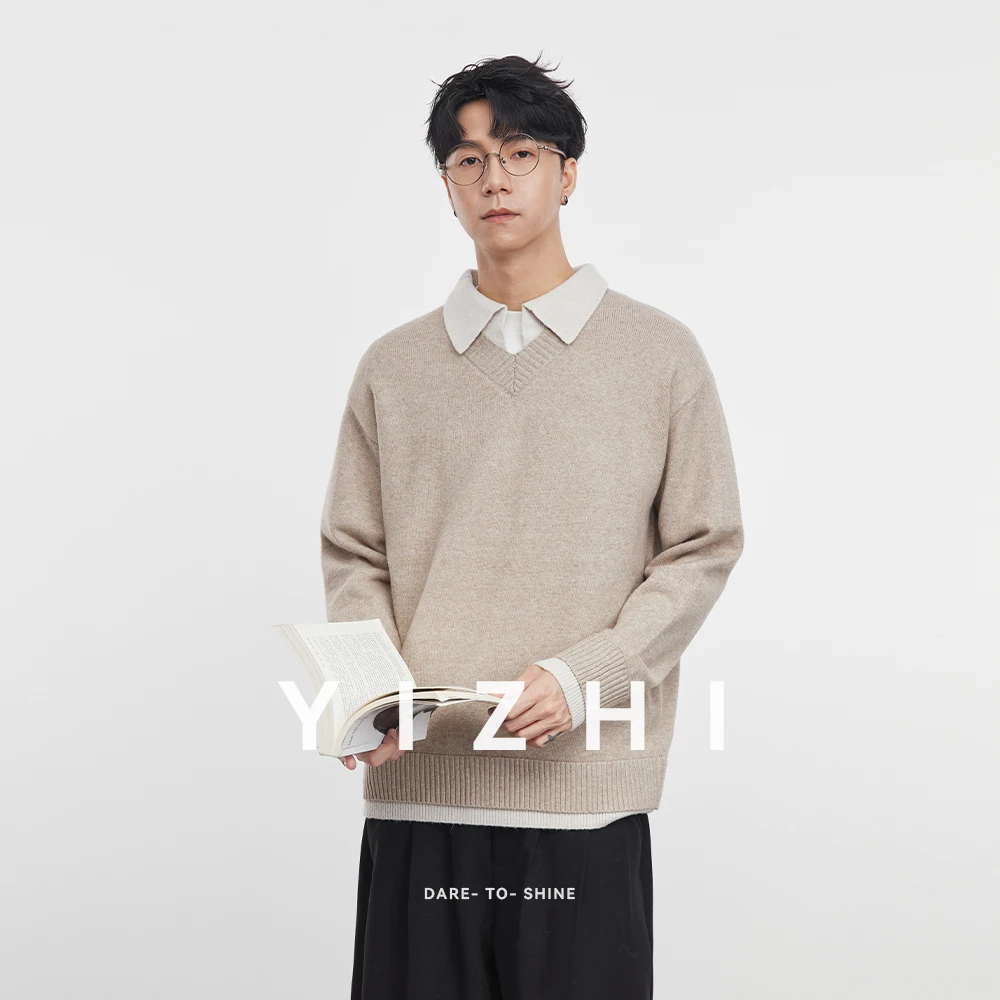 

2025 Autumn and Winter New Men's High-grade Shirt Collar Splicing Fake Two-piece Knitted Sweater Loose Men Long-sleeved Sweater