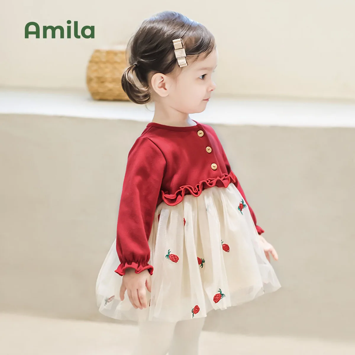 Amila Baby Girl Princess Dresses 2023 Spring Autumn New Breathable Yarn Patchwork Print Children's Birthday Cute Clothing