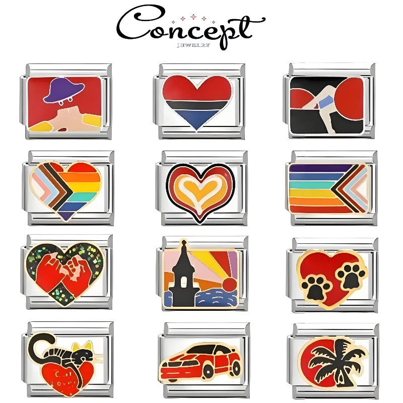 

New Women's Colorful Love Cat Oil Painting Italian Charm Link Fit 9mm Stainless Steel Module Bracelet Making Jewelry