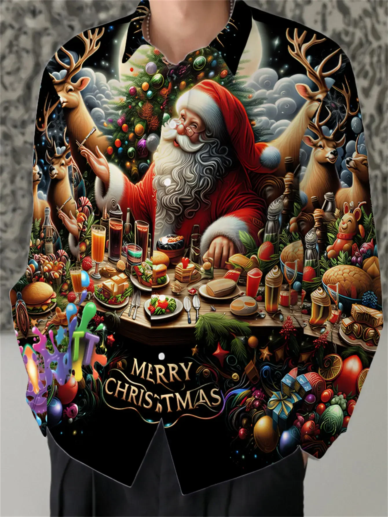 

Christmas themed cartoon 3D printed men's long sleeved button up shirt for spring and autumn new fashion casual shirt