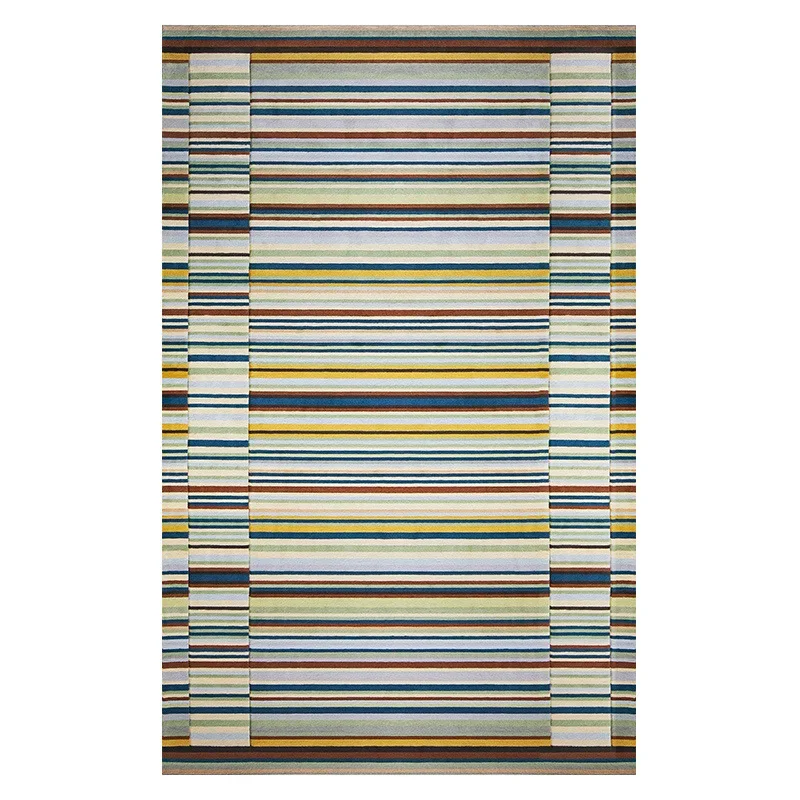 

Middle Eastern orange line style rug, handmade wool blue minimalist line block rug