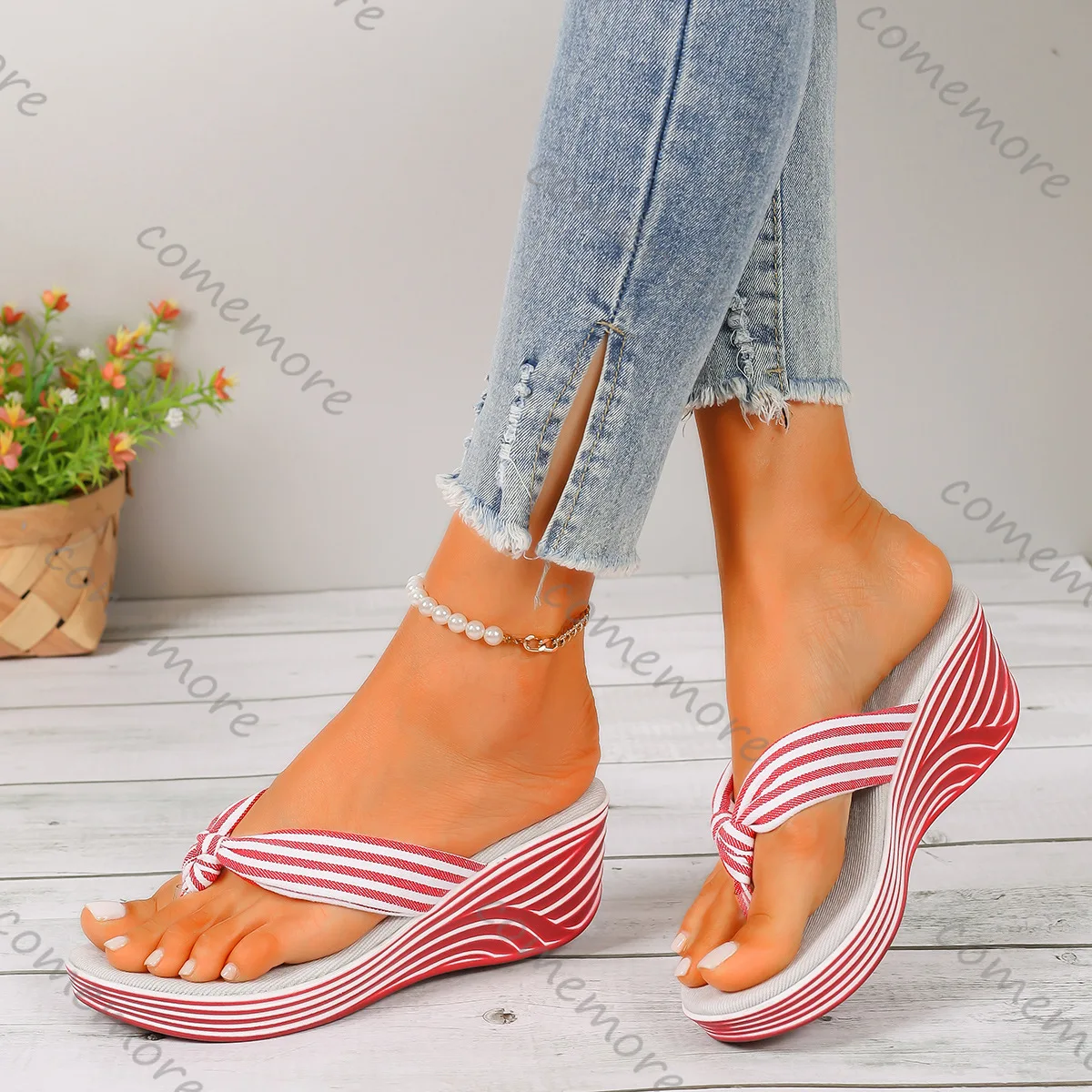 

Comemore 2025 шлепанцы, женская летняя обувь, повседневные полосатые шлепанцы на платформе, пляжные шлепанцы, женские шлепанцы на высоком каблуке