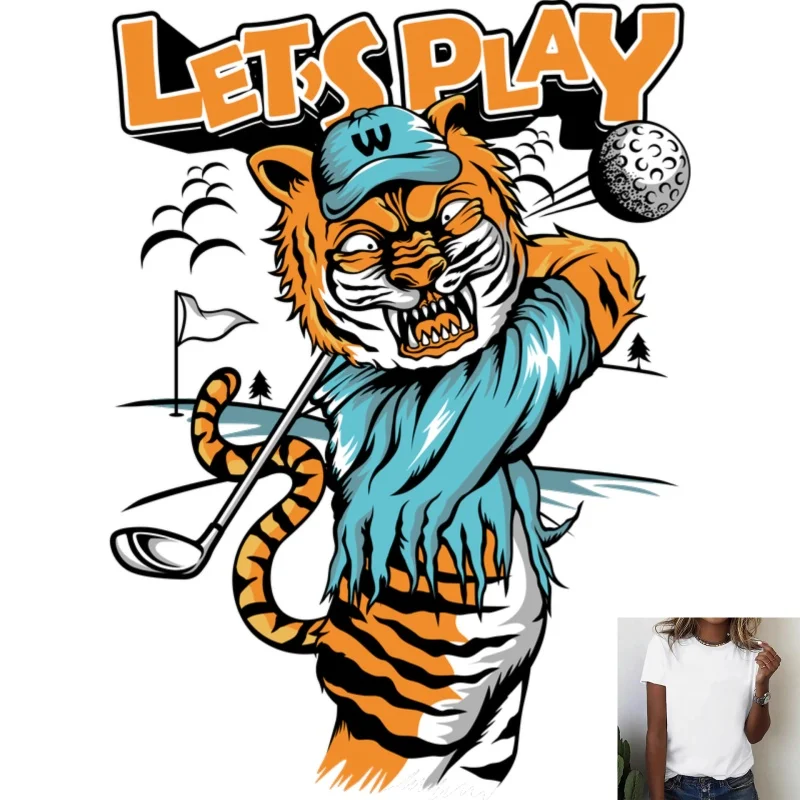 Fun Golf Tiger Pattern Heat - Transfer White Ink Iron - on Transfer, Casual Style, Suitable for T - shirts, Canvas Bags and