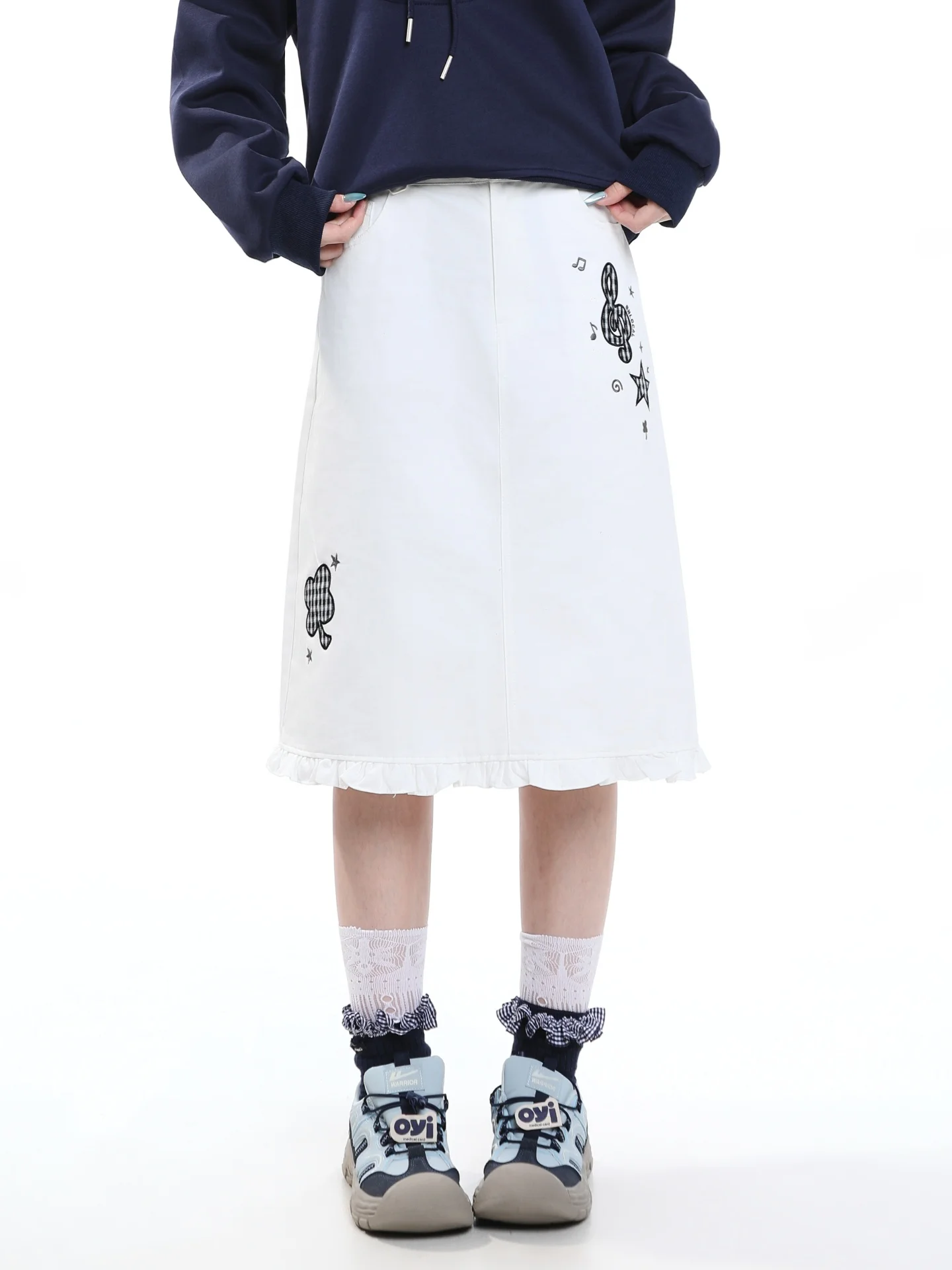Casual High Waist A-Line Midi Skirt with Embroidery And Wood Grain  Design for Women Autumn Season College Style Skirts