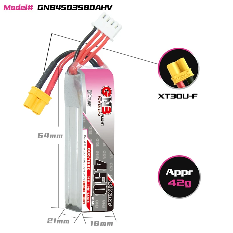 Imagem -03 - Gaoneng-bateria Lipo para rc Fpv Racing Drone Parte Quadcopter Plugue Xt30 Gnb 3s 11.4v 450mah 80c 160c