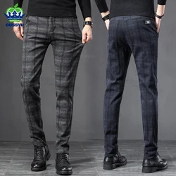 2024 New Spring Autumn England Plaid Work Stretch Pants Men Business Fashion Slim Grey Blue Casual Pant Male Brand Trousers 38