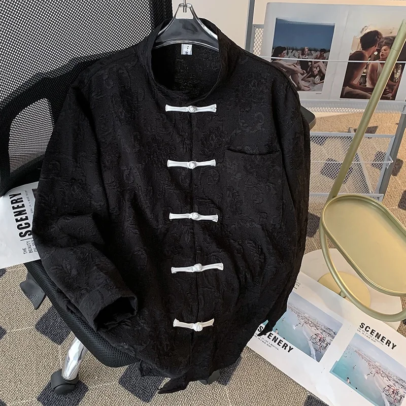 

Ele Embroidered Collar Men's irt Loose Fit Button up Chinese Sle T Top Summer Faion Youthful Trend White