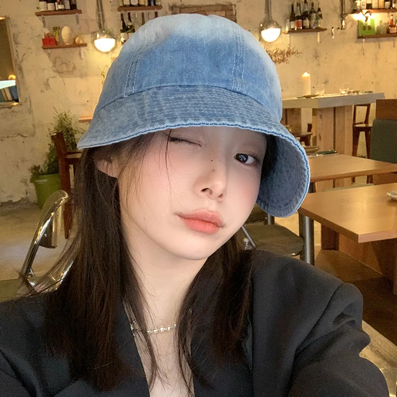 Summer Bucket Hat Women Washed Cowboy Fisherman Cap Portable Wide Brim Sun Hats Korean Makeup-free Visors Adjustable Simple Caps