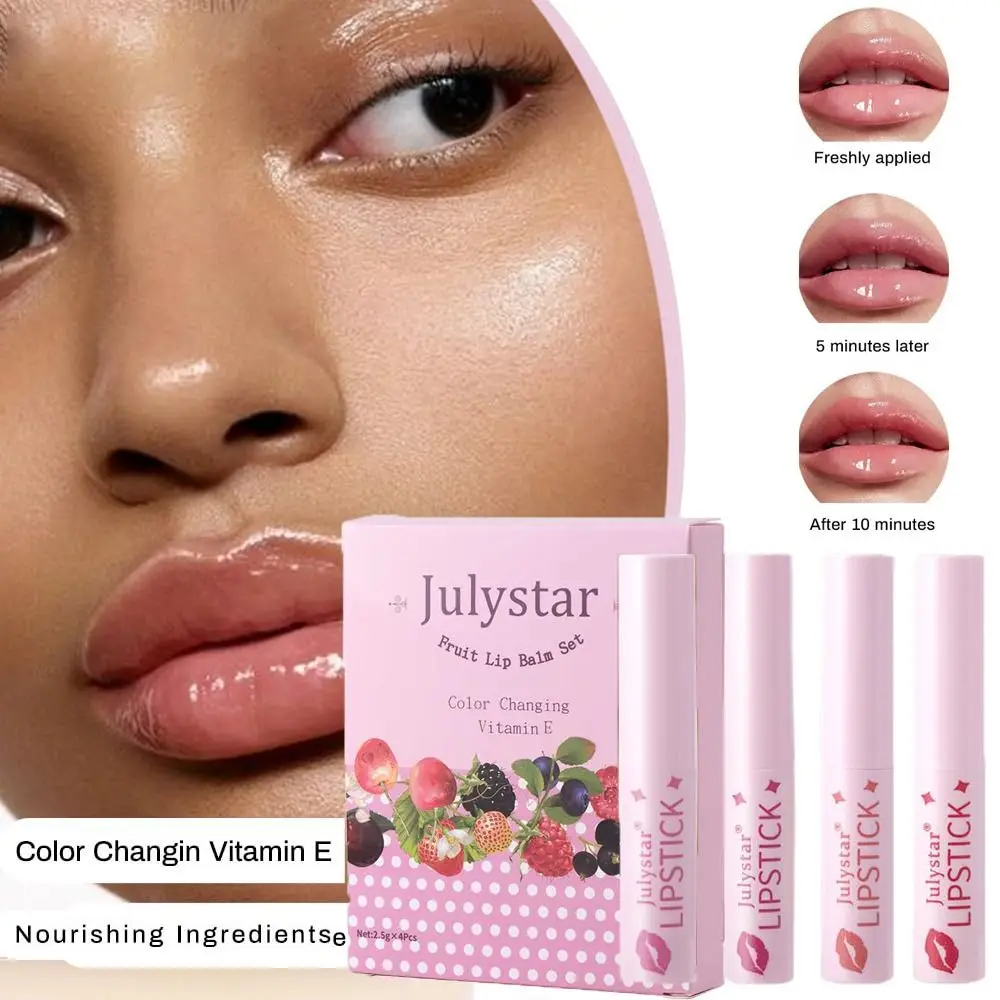 4 Stück feuchtigkeitsspendender, fruchtiger, farbwechselnder Lippenstift mit Vitamin E, langanhaltender Lippenbalsam, feuchtigkeitsspendende Textur, getönter Lipgloss