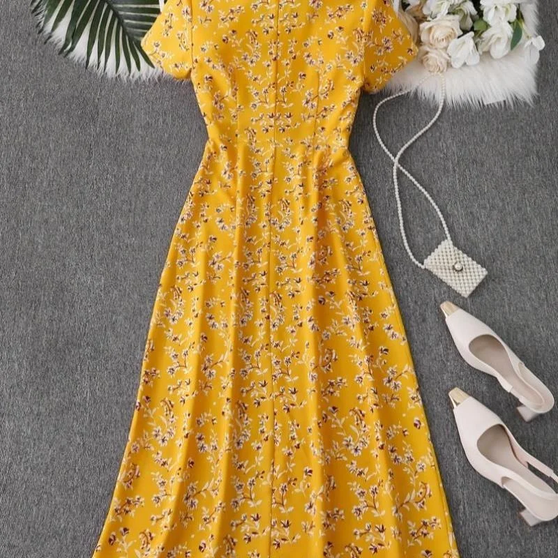 Ele Floral Print Dr Cross-Border New Model 2025 Woven Fabric Princ Sve  Collar Seven Sve Long Dr