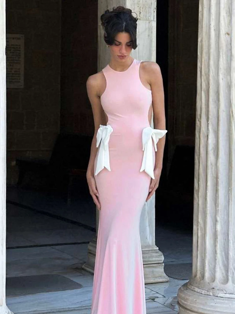 InGrily Temperament Bow Backless Dress Women Simple Casual Slim Draped Sleeveless Sexy Elegant Midnight Clubwear Party Vestidos