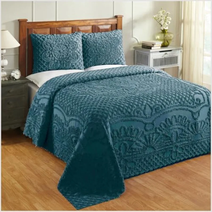 

Покрывало из синели для двуспальной кровати, глубокий бирюзовый цвет, 100% хлопок, с узором в виде медальонов, стеганое, мягкое, легкое, 96"x110 дюймов