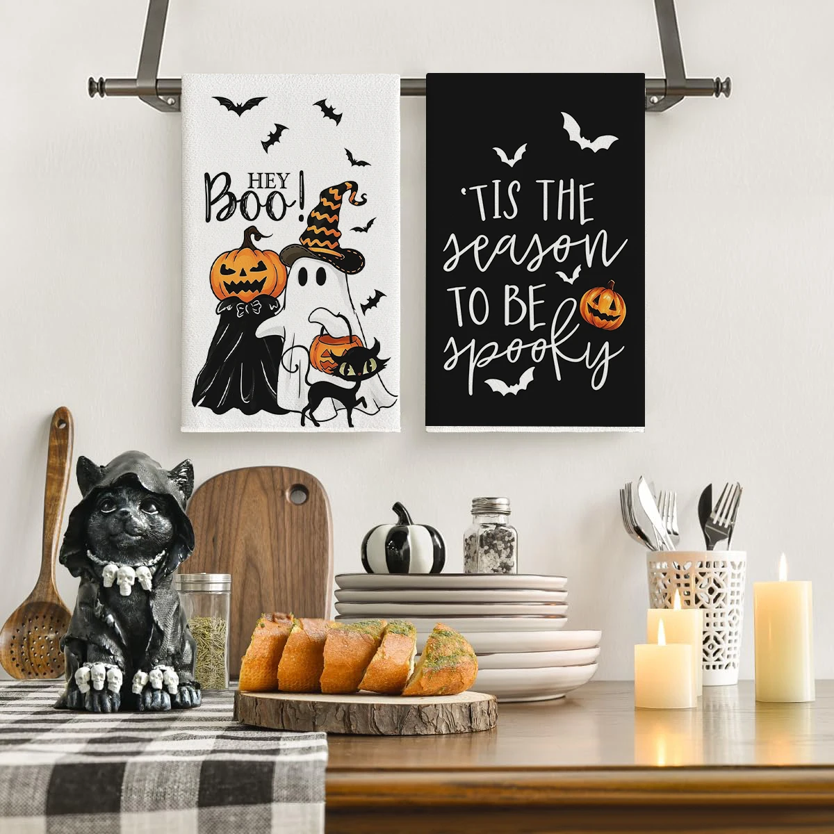 2Pcs Halloween Dish Towels, Spooky Ghost Pumpkin Bat Black Cat Print Absorbent Multi‑Purpose Kitchen Cleaning Tea Towels