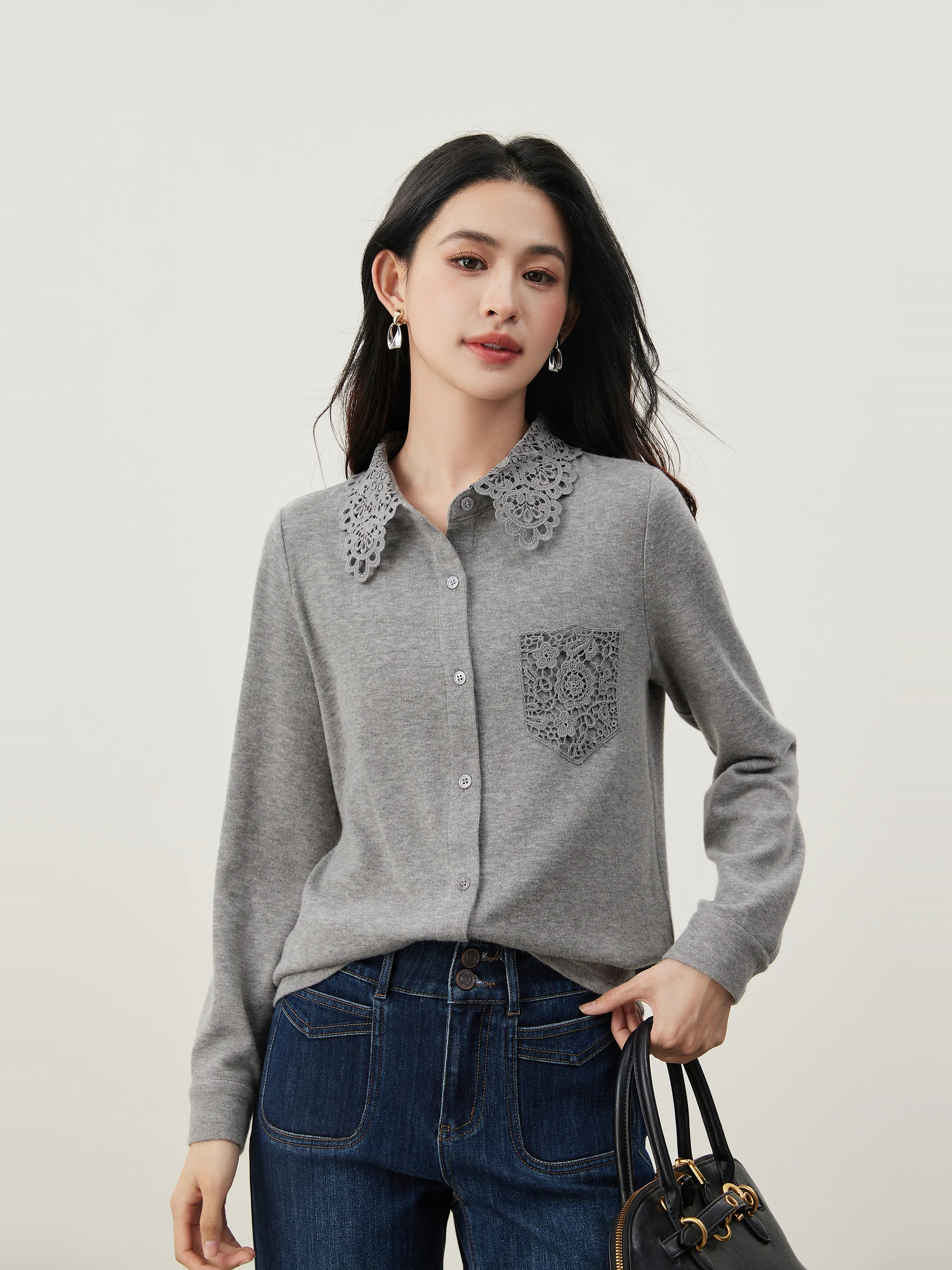 

French Sle Lace Hollow out Knitted irt Women's Collarl Cardigan Soft Acrylic Polyester Nylon Blend Thin Winter Coat