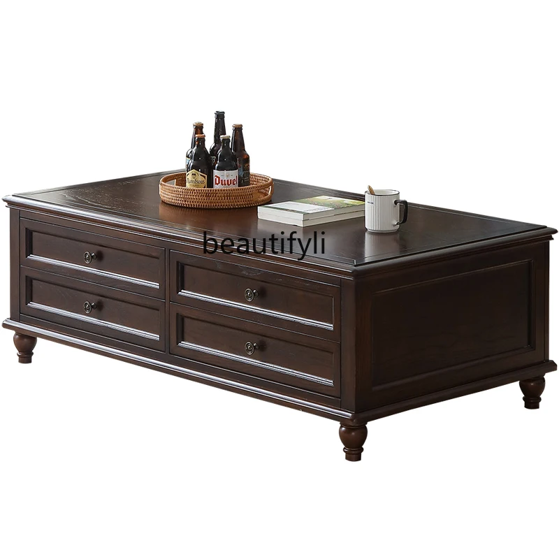 

American Retro Solid Wood Coffee Table Living Room Coffee Table TV Cabinet Unit Multi-Drawer Storage Furniture