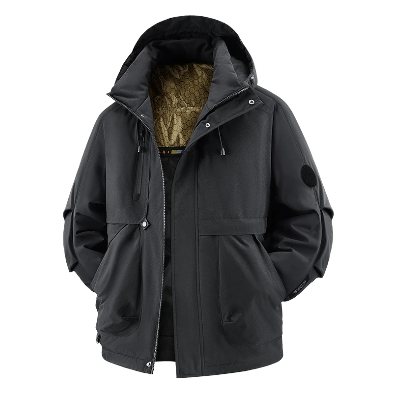 冬防風ソリッドフード付きメンズジャケット冬保温肥厚パーカーアウトドアルーズコンフォートシンプルカジュアルコート