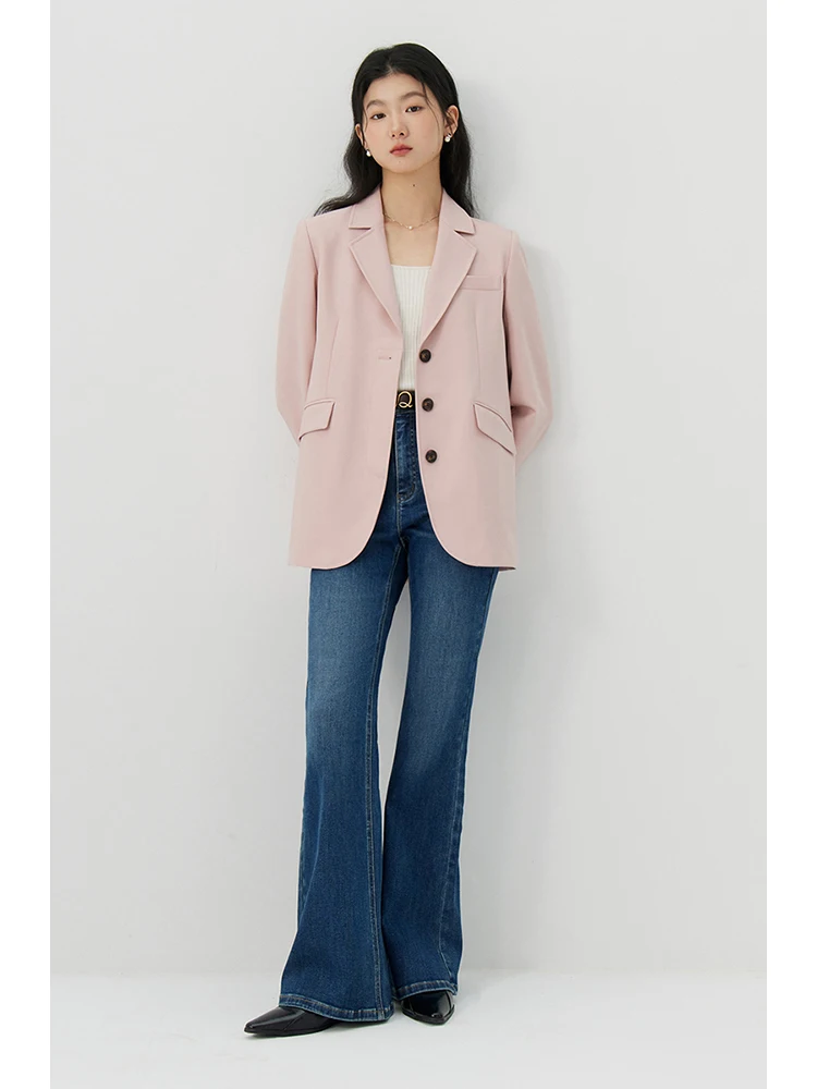 Ziqiao Kerfkraag Vrouwen Lente Nieuwe Roze Single Breasted Rechte Blazers Twill Blended Office Lady Blazer Jas 24zq91214