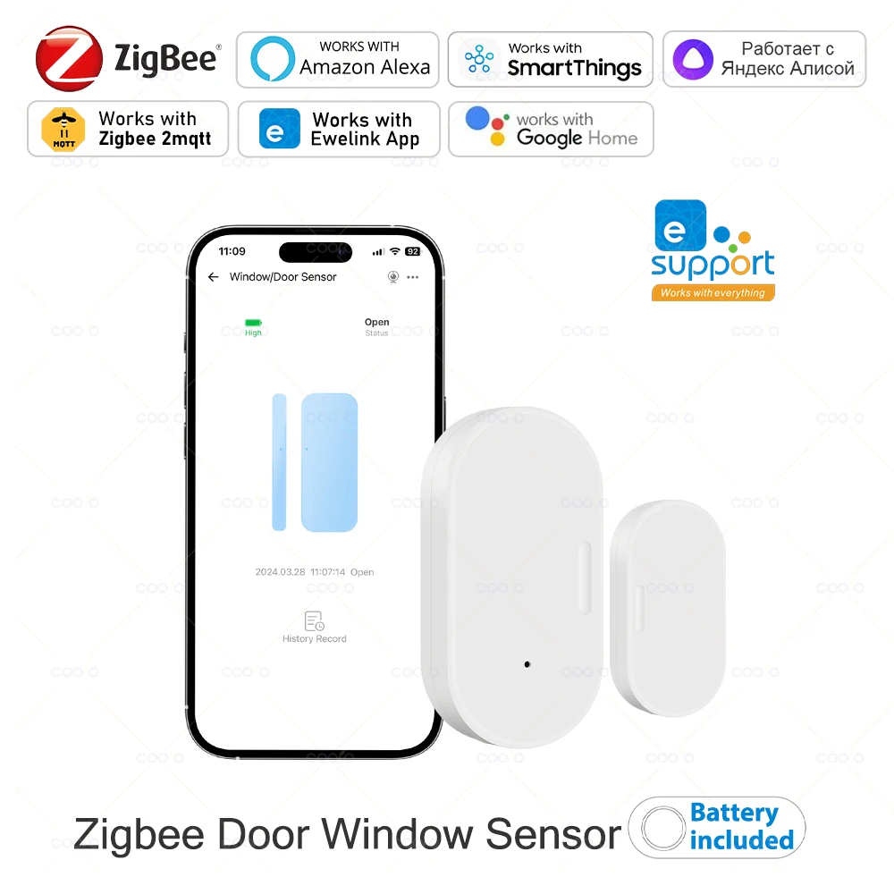 Ewelink Zigbee Door Sensor Wireless Magnetic Window Open Closed Alarm Detector Works With Zigbee2MQTT Alexa Google Need Gateway