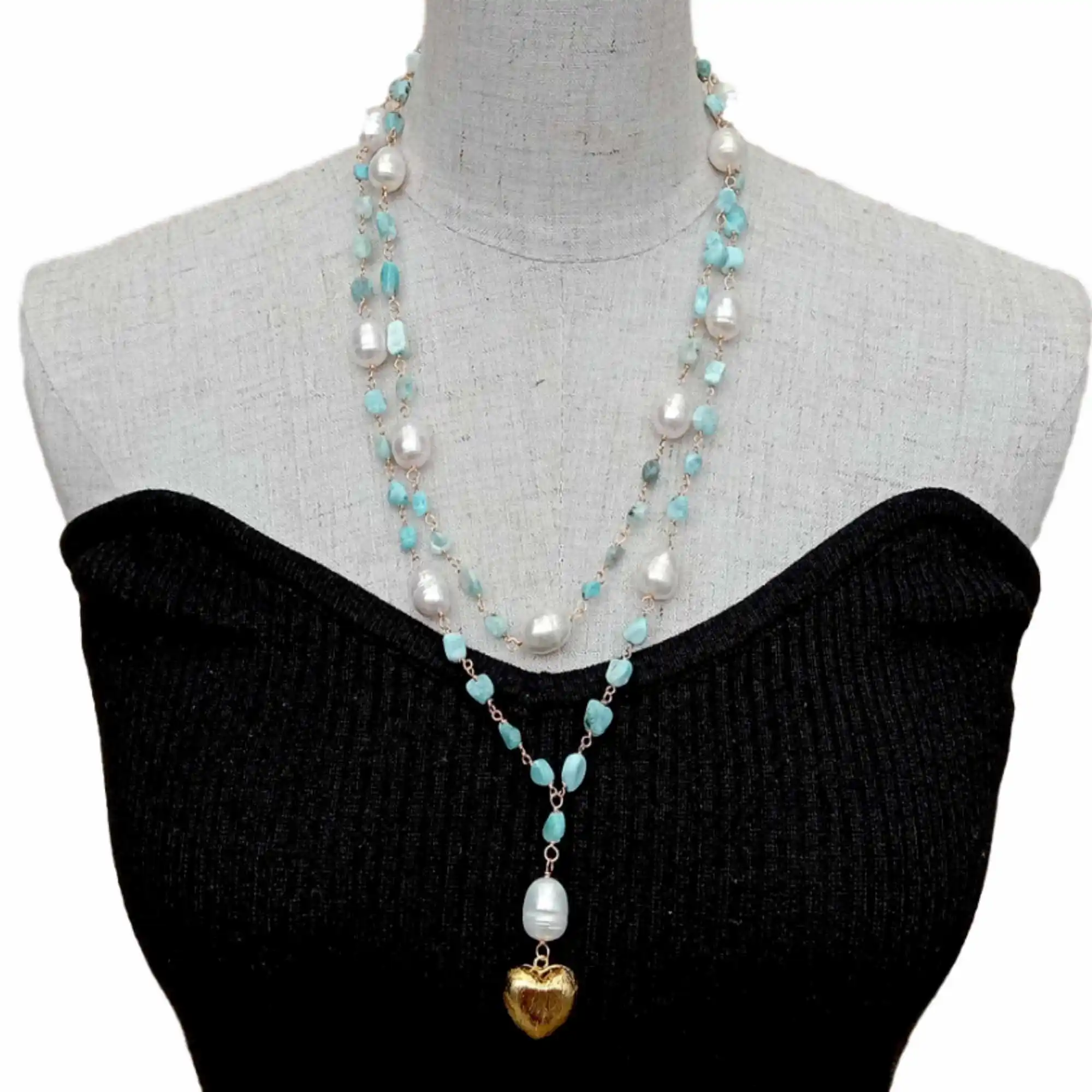 Fashion natural Blue Larimar White Rice Pearl Heart gold Necklace spirit Pearl Point pink temperament