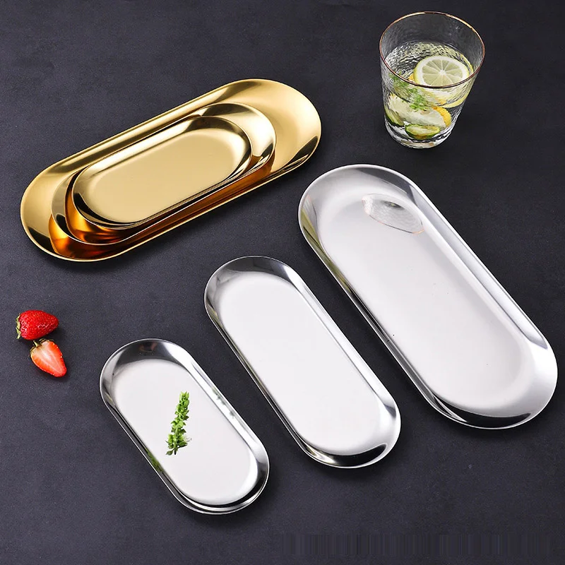 Stainless Steel Jewelry Storage Tray Metal Cosmetic Storage Oval Cake Fruit Dessert Tray Snack Plate Kitchen Organizer Nut Tray