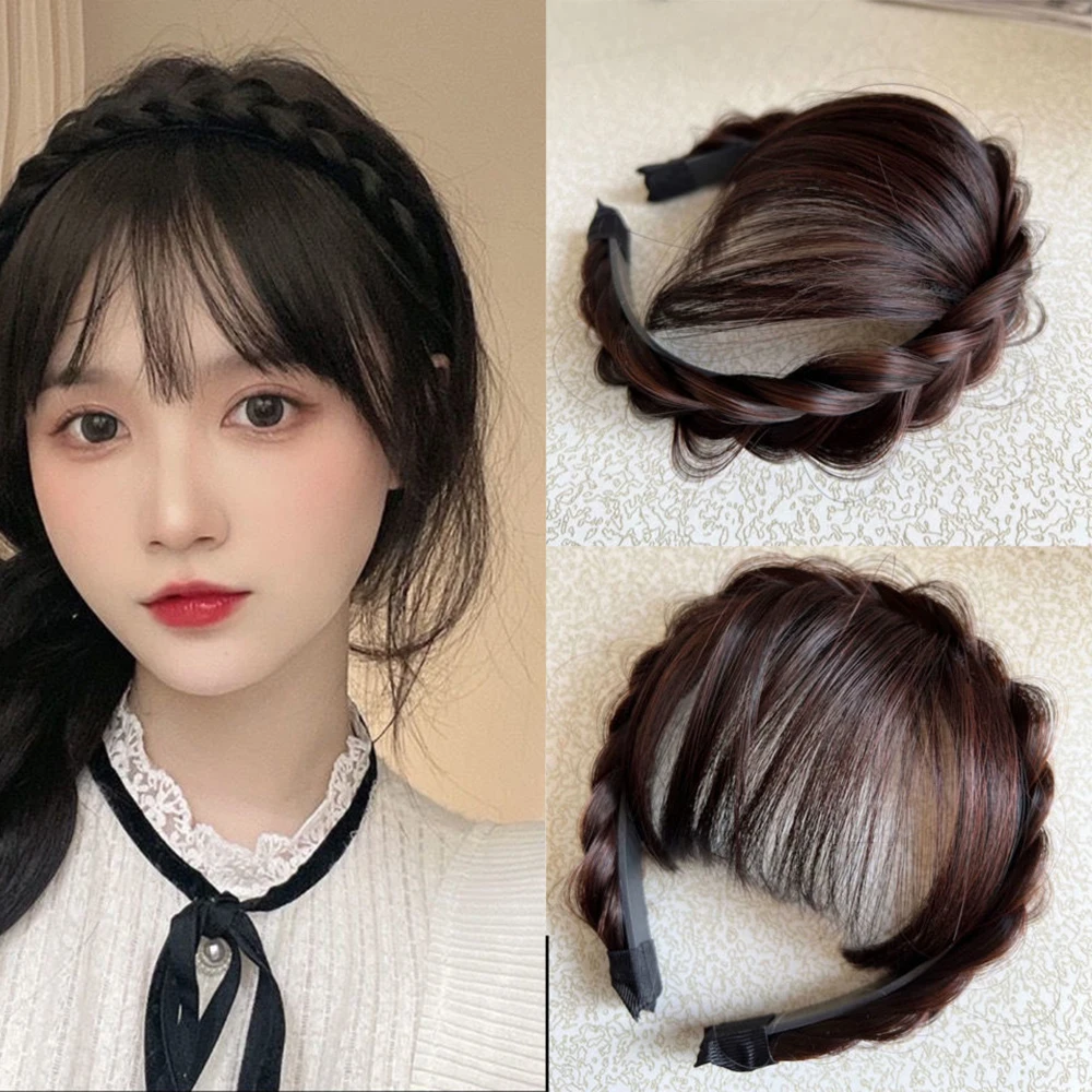 Fake Synthetic Bangs Hair Neat Fringe Bands With Double Row Braids New Headwear Accessories For Girls Invisible Natural