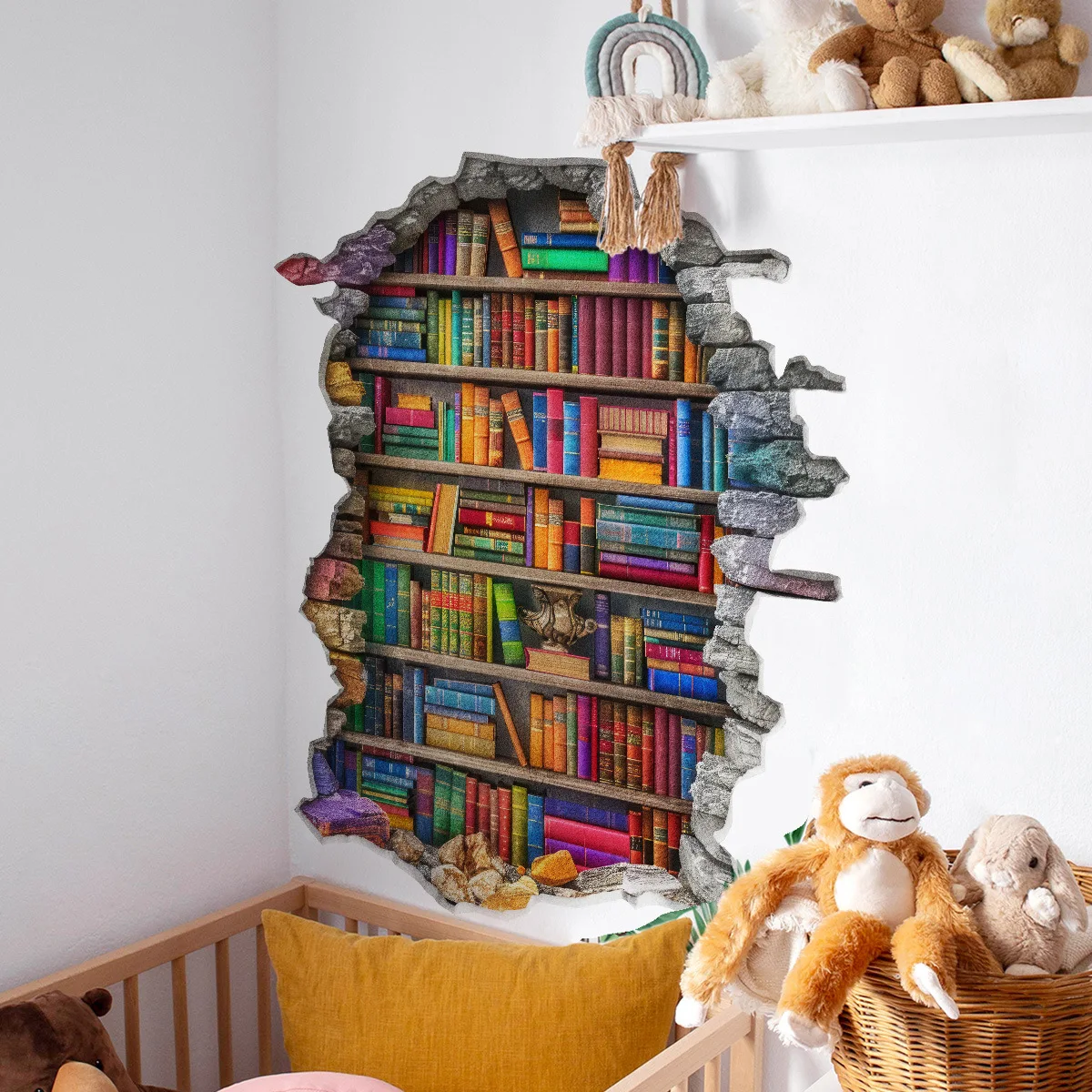

3D 'Broken Wall' Bookshelf Wall Decals - Peel & Stick Library Art for Study Room & Living Room